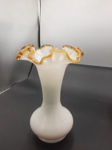 Fenton Milky White Approx 8 Inch Vase With Gold /Yellowish Ruffled Edge EUC