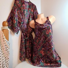 VTG Inner Most Silky Satin Floral Babydoll Chemise Robe Set Size M