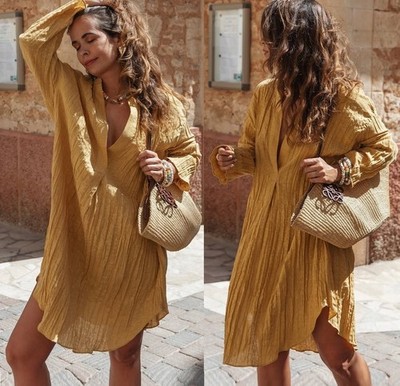 ZARA WOMAN MUSTARD YELLOW LINEN BLEND PLEATED TUNIC DRESS OVERSIZED CURVED  HEM | eBay