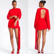 Miss Circle | NWT Keira Dress in Red Open Back Fuzzy Sweater Knit Mini XL