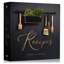 Recipe Binder 11x12 Inch 3Ring Organizer 25 Plastic Sleeves Black and Gold