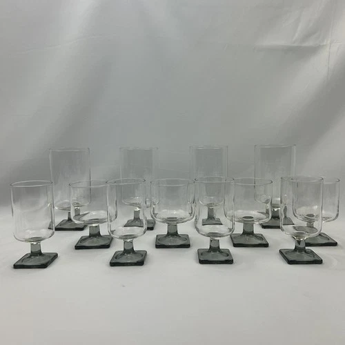 Set of 12 Vtg Federal Glass Nordic Midnight Square Smokey Grey Base Three Sizes
