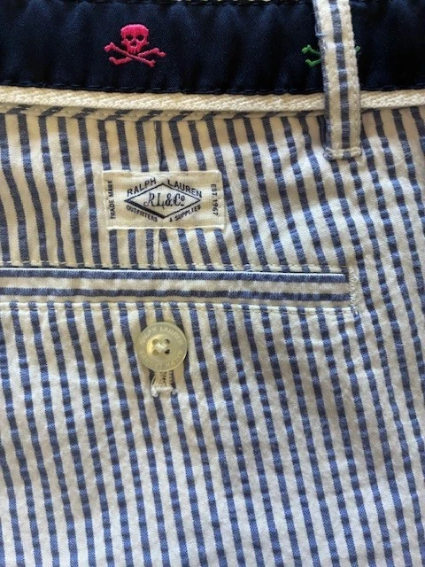 Pantalones Cortos Polo Ralph Lauren Niñas 14 Azul Blanco Rayas Seersucker Con Cinturón Calavera Foto 3 de 4