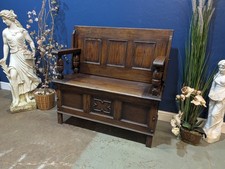Antique English Oak Monks Bench Storage Seat Table Edwardian 