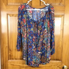 Figueroa  Flower Womens Blue Paisley Patchwork Peasant Blouse Tie Front Large