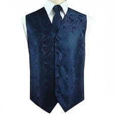 Navy Blue Paisley Tuxedo Suit Dress Vest Waistcoat  Neck tie wedding prom party