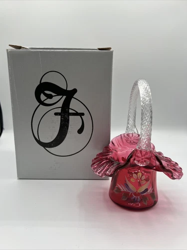Bill Fenton Cranberry Basket Clear Spiral Optic Handle Hand Painted Signed #1245