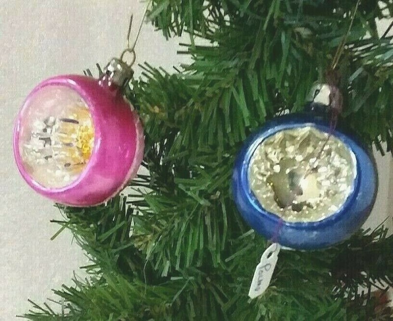 2 Vintage Christmas Tree Ornaments Reflector Indent Poland Painted Blown Glass