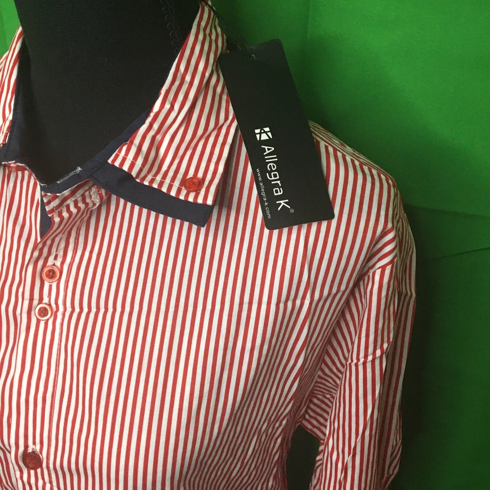 Camisa masculina listrada branca/vermelha Allegra K nova com etiquetas tamanho 38 manga de contraste nova com etiquetas frete grátis - Imagem 2 de 4