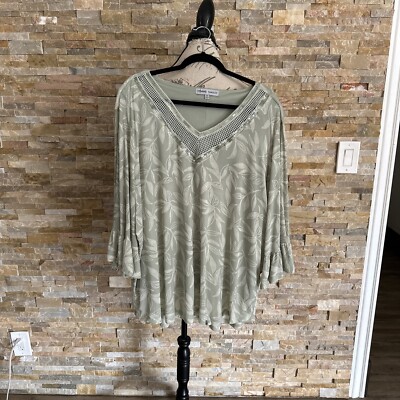 Absolutely Famous Indigo Peasant Tunic Floral Green/white Blouse Size 3X