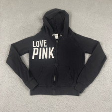Love Pink Victorias Secret Womens Hoodie Sweatshirt Black Full Zip Pockets XS