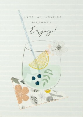Notes & Queries Small Glass on Floral Napkin Embossed Birthday Card for Her