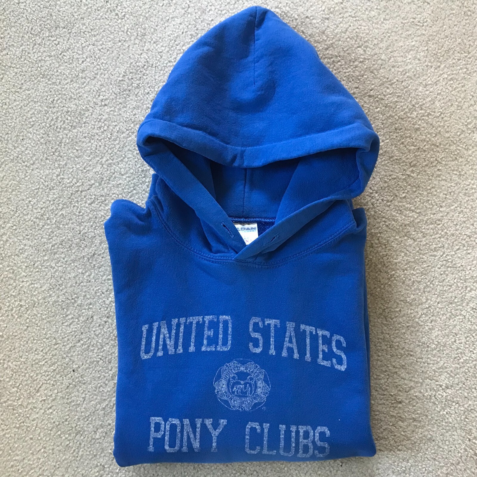 Felpa con cappuccio vintage unisex Pony Club blu con logo USPC maglione Gildan con tasca