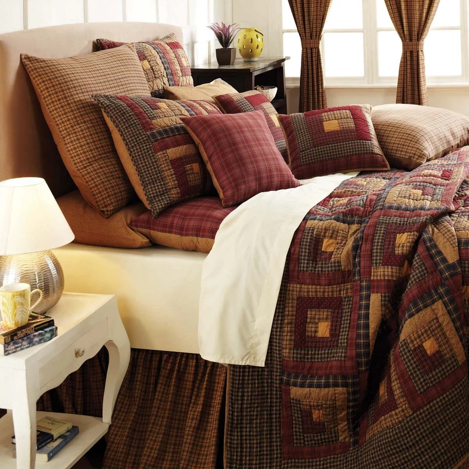 Millsboro Luxury King Quilt Country Log Cabin Patchwork Burgundy Khaki Navy - Image 3 of 4