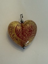 Gold Foil In Red Blown Glass Heart Pendant - Preowned