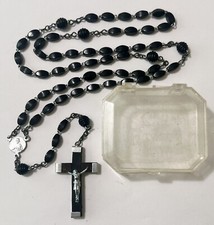Vintage French Black Wood Crucifix Black Plastic Bead Rosary Plastic Rosary Box