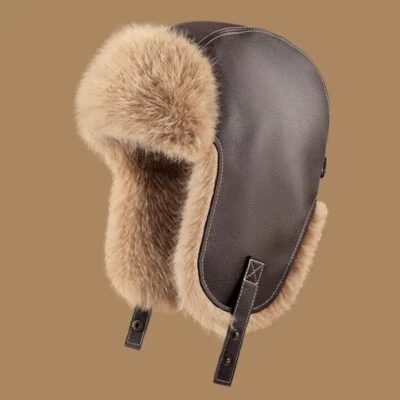 Femmes Hommes PU Cuir Chaud Chapeau Peluche Fausse Fourrure Épais Cap Vent Hiver - Photo 1/4