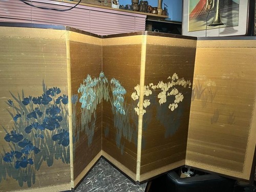 Pantalla plegable japonesa dorada de Kanpo Shiozawa pintada a mano Iris Shobu Byobu FS