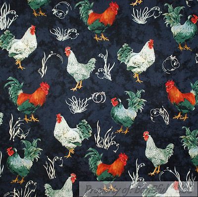BonEful Fabric FQ Cotton Quilt Black Farm Red Rooster Feather Green Chicken Bird