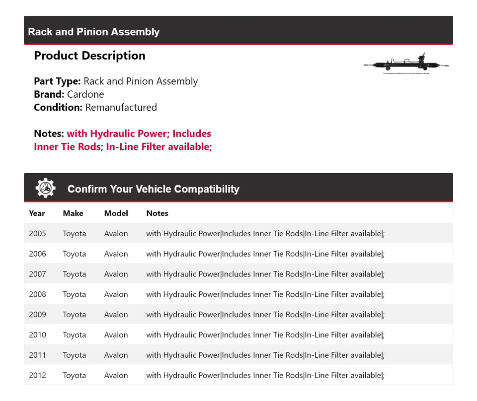 Montaje de piñón y cremallera para Toyota Avalon 2005-2012 Cardone 2006 2007 2008 2009 Foto 2 de 4