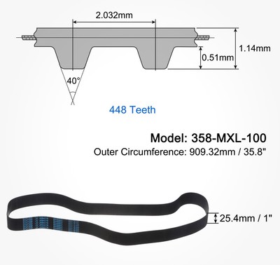 358-MXL-100 Timing Belt 448 Teeth Closed Loop Timing Belt 35.8'' Length, 1'' Width