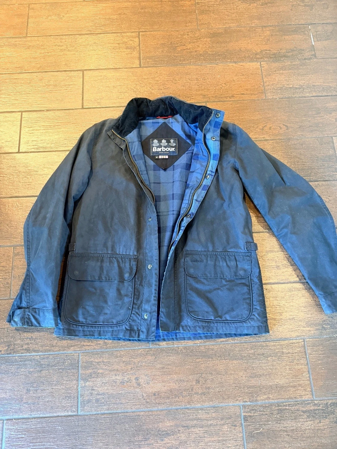 Barbour Bedale Men's M Navy Waxed Jacket Dress Tartan Lining image 1