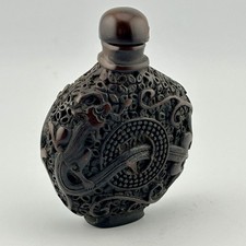 Chinese carved hardwood snuff bottle reticulated chilong & bi disc 20s Antique