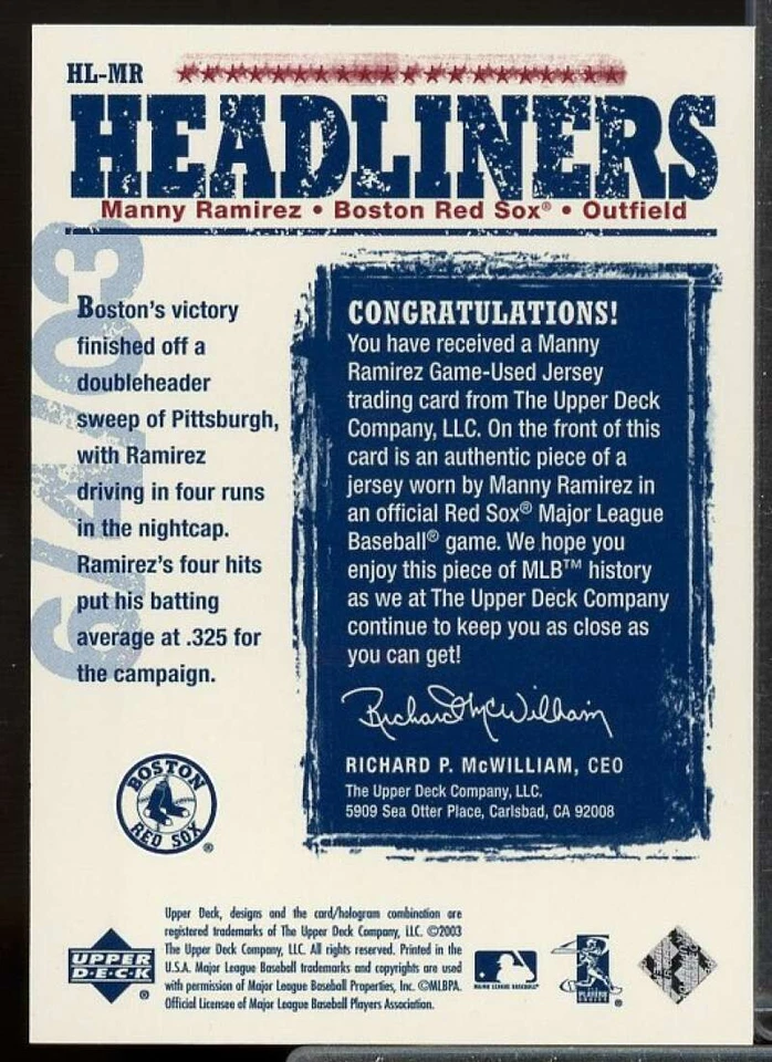 Manny Ramirez Card 2004 Upper Deck Headliners Jersey #MR - Image 2 of 2