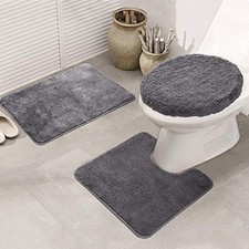 Bathroom Rug Set 3 Piece Shaggy Soft Non-Slip Bath Mats Solid Color Grey