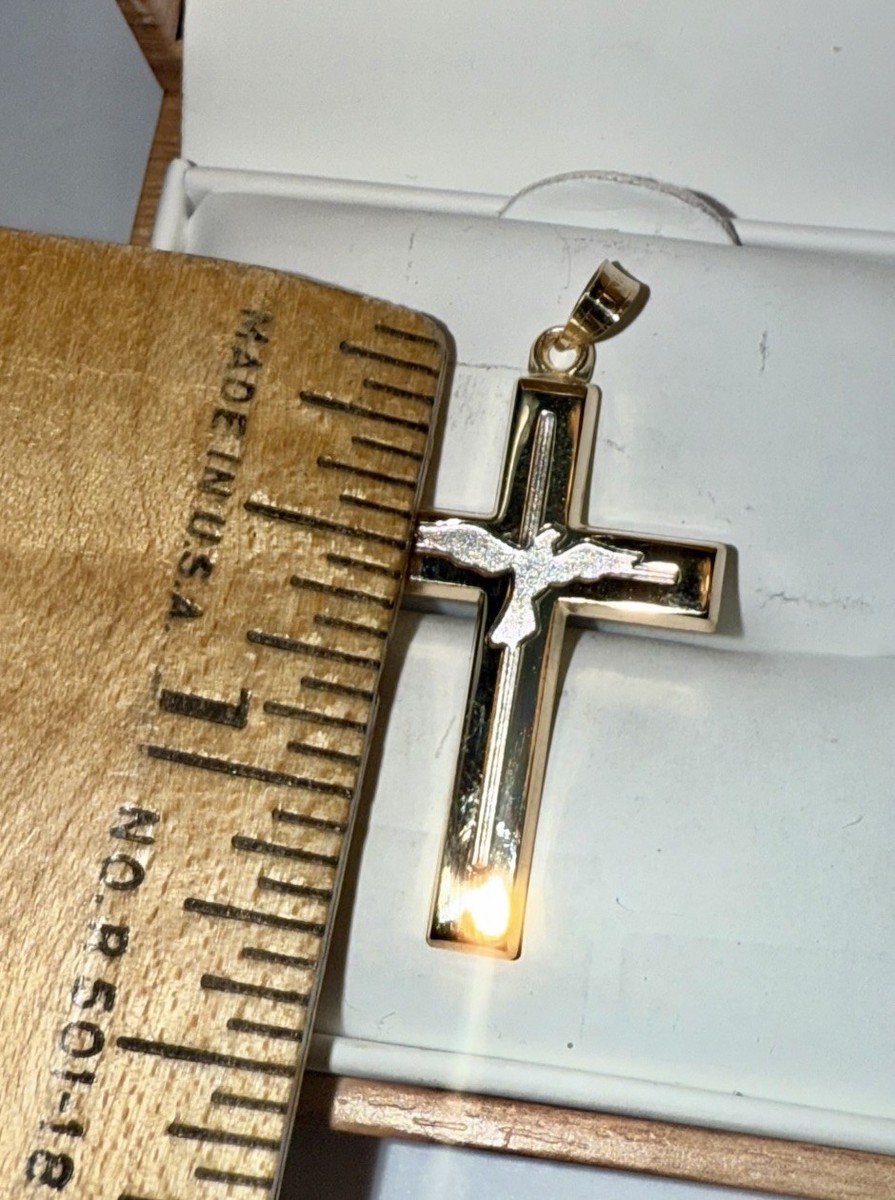 ESTATE Solid 14K Gold Two-Tone Engraved Dove Cross Pendant View 4