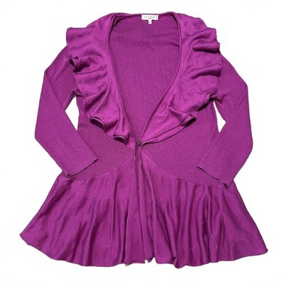 Etro Silk Cotton Purple Ruffle Hem Ribbed Knit Cardigan Sweater