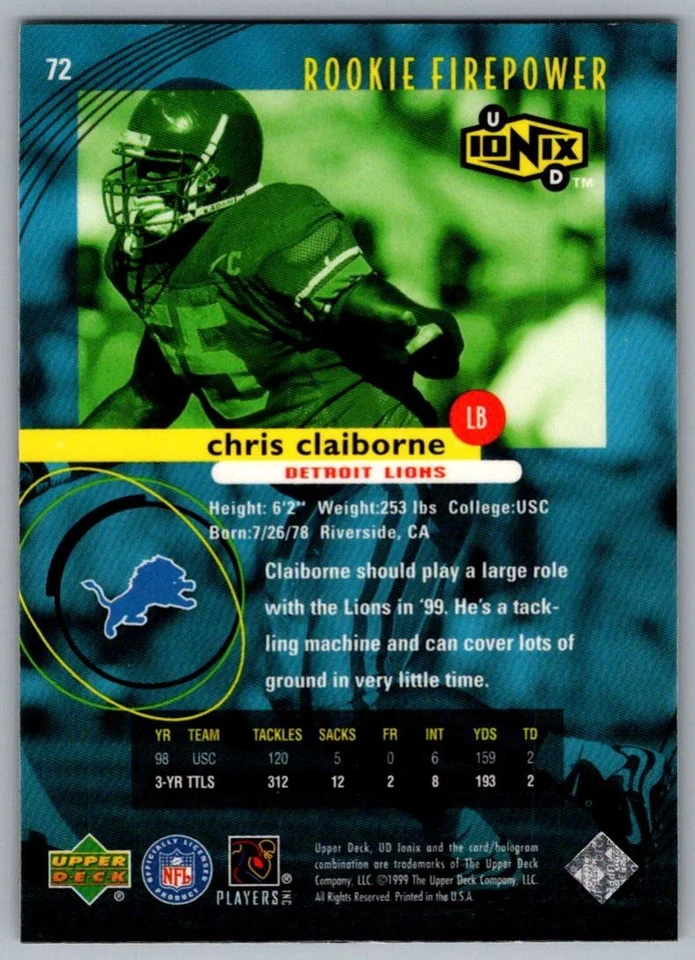 1999 UD Ionix Chris Claiborne Rookie Detroit Lions #72 - Image 2 of 2