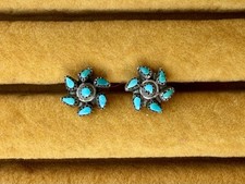 Vintage Zuni Petit Point Turquoise Sterling Silver Cluster Pinwheel Earrings
