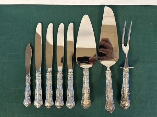 Gorham Strasbourg Sterling Silver Handle Serving Lot 8 Pc Pie Server Fork Knives
