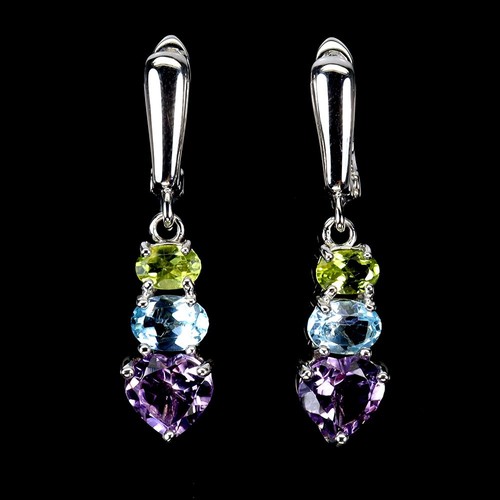 Summer 925 Silver Earrings Heart Amethyst 8mm Peridot Topaz Gemstone Jewelry