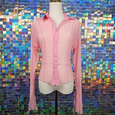 Mesh Button Down Top Womens Size M Pink Excellent Exposed Seam Flare Sleeve Y2k