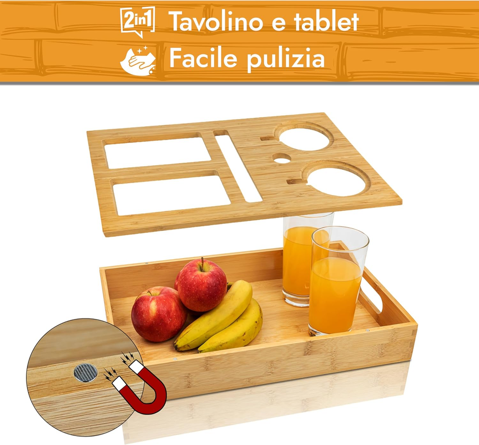 SenDeluz Couchbar Snackbox, Vassoio per divano in bambù, Vassoio per Alimenti, Vassoio Da Portata, Vassoio per snack da scrivania con Due Ciotole Snack Porta bevande Vassoio Divano per snack