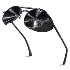 Retro Round Polarized Steampunk Sunglasses Men Women Side Shield Goggles Goth...