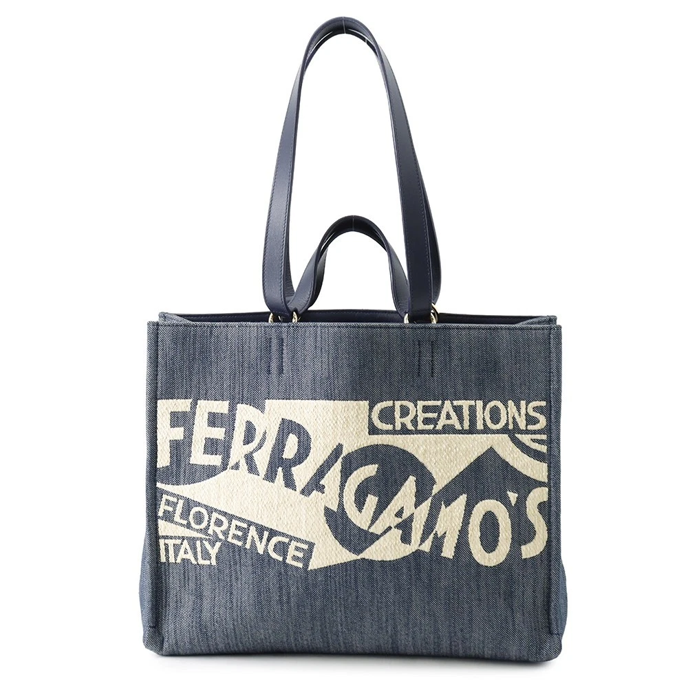 Ferragamo — Ferragamo Logo 2-Way Denim Tote Bag Cotton Blue