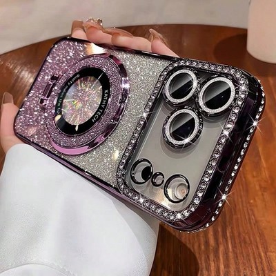Purple Rhinestone Magnetic Phone Case With Ring Stand For iPhone 16 Pro 17