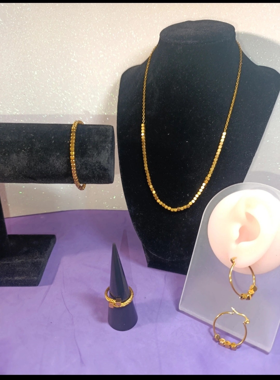 Conjunto Bisuteria Acero Dorado Collar Pendientes Anillo Pulsera