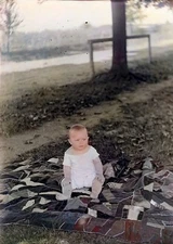 Antique 1914 Glass Negative 5x7 Albion MI, Happy Baby Boy on quilt outside  #196