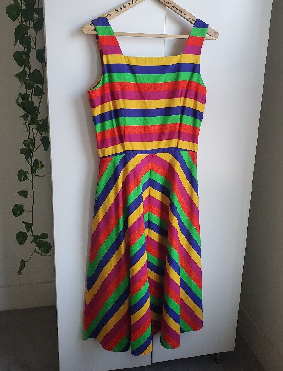 cotton rainbow dress Unique Vintage Plus Size Pink & Rainbow Cotton Swing Dress