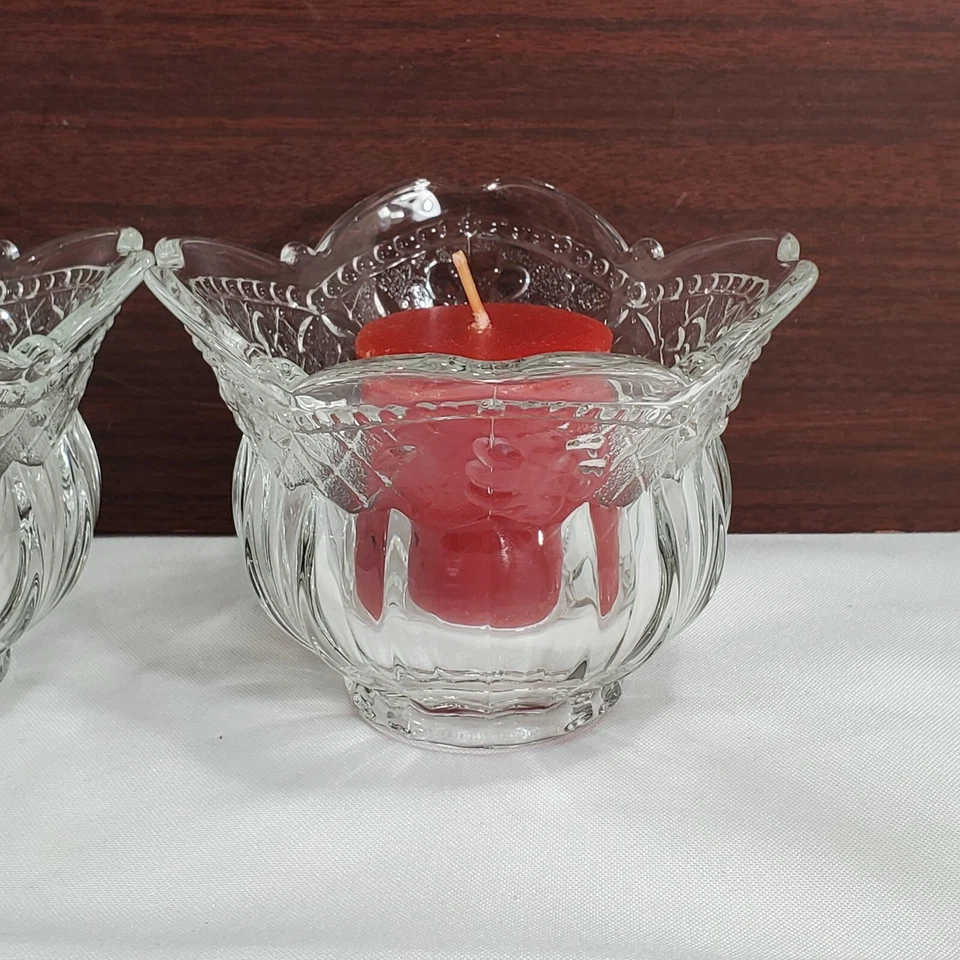 Set of 2 Floral Lace Votive Candleholder clear crystal embossed flowers fluted  - Image 2 of 4