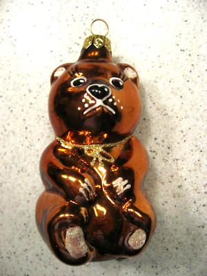 Vintage Orange Gold Bear Glass Christmas Ornament 4''T