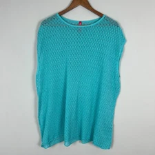Ruby Ribbon Top Women Medium Large Blue Crochet Open Knit Cap Sleeve Relaxed Fit