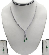 7.21ct Natural Round Diamond 14K Solid White Gold Emerald Wedding Necklace Set 