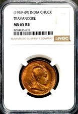 1939-49 India Princely States One Chuckram Travancore Coin - NGC MS 65 RB CC700