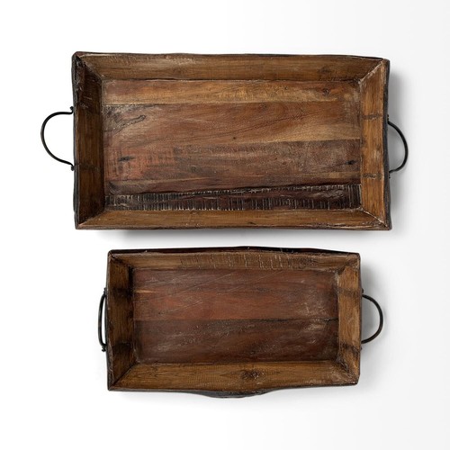 Set of Two Brown Rectangular Wood Indoor Outdoor Serving Tray With Handles - Picture 4 of 6