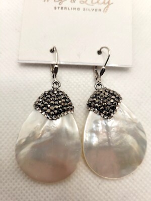 Iris & Lily Mother of Pearl Crystal Dangle Earrings 925 Sterling Silver 2.25'' Dp